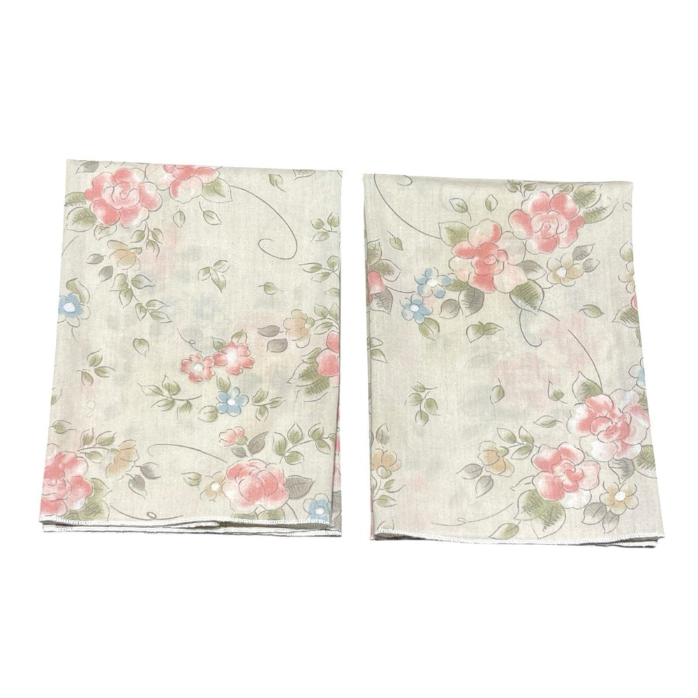 2 Vintage Shabby Chic Cream, Pink, Blue, Green Floral Napkins‎ Handkerchiefs EUC